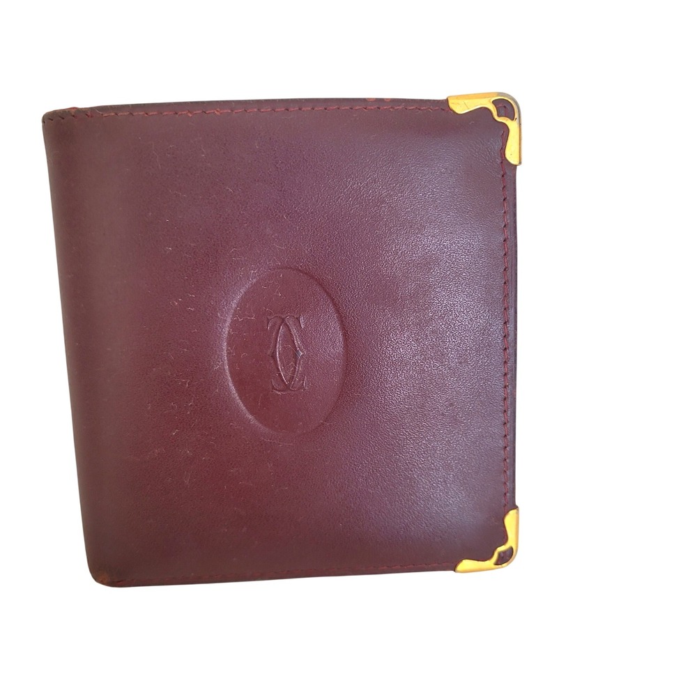 Cartier‎ Vintage Must de Cartier Burgundy Leather Bifold Wallet Gold Corners